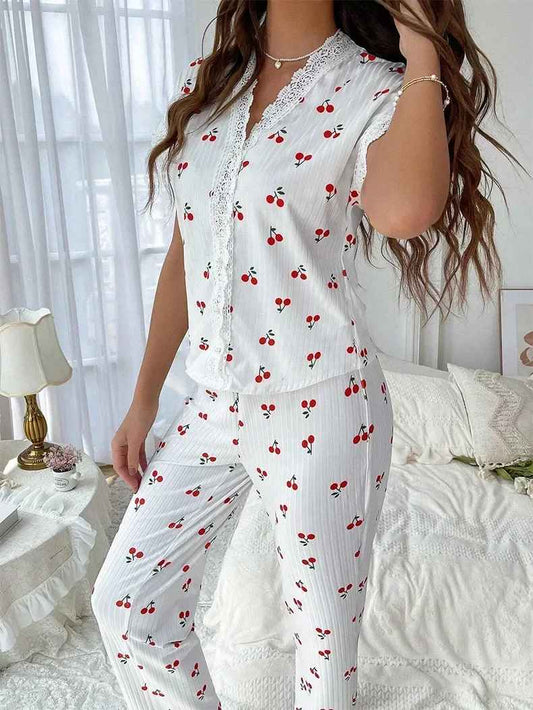 Lace Trim Women’s Pajama Set – Cherry Print, 2-Piece Sleepwear