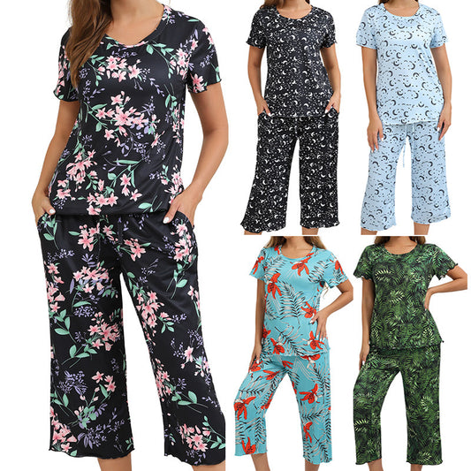 Printed Pajama Set Short Sleeve Cropped Pants