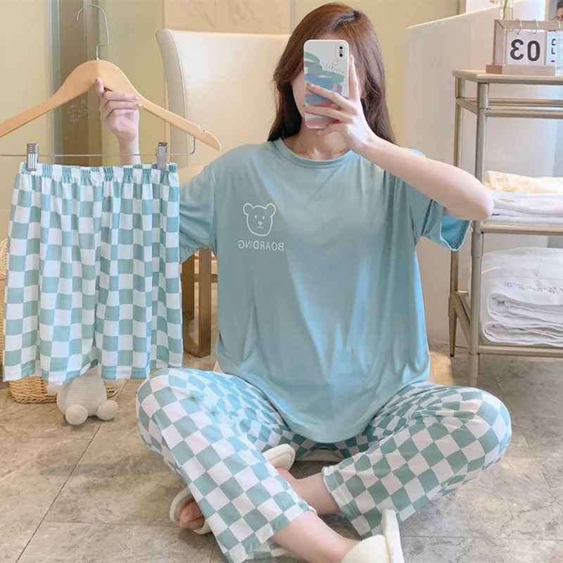 Women’s Summer 3-Piece Cartoon Pajama Set – Short Sleeve, Trousers & Cami