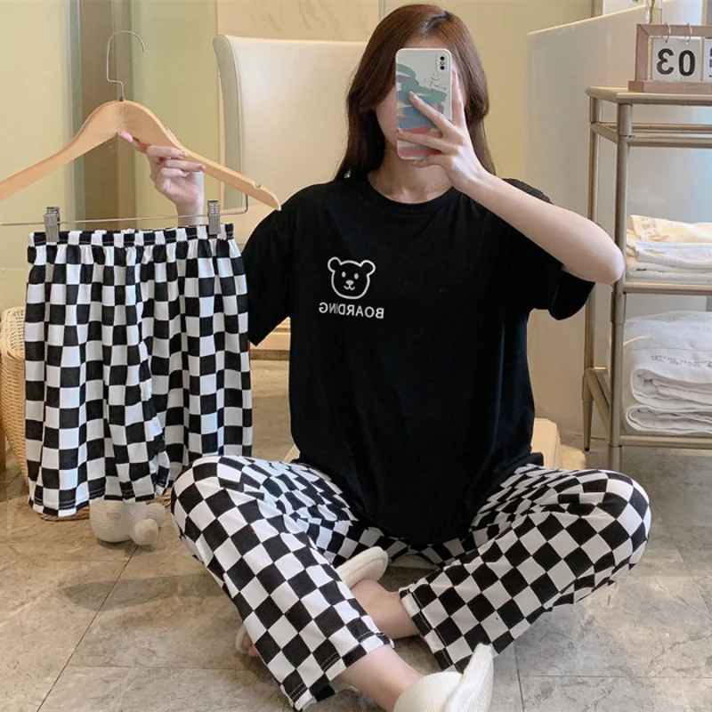 Women’s Summer 3-Piece Cartoon Pajama Set – Short Sleeve, Trousers & Cami