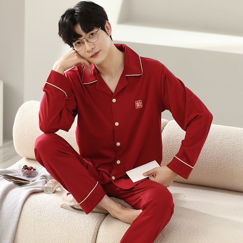 Cotton Couple Pajama Set with Lapel Collar