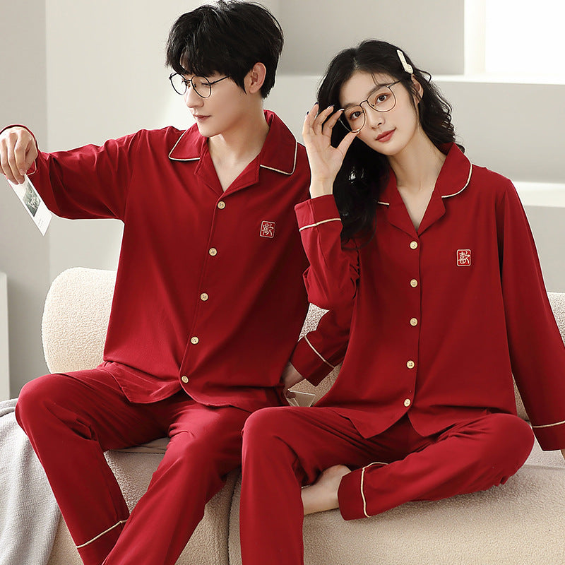 Cotton Couple Pajama Set with Lapel Collar