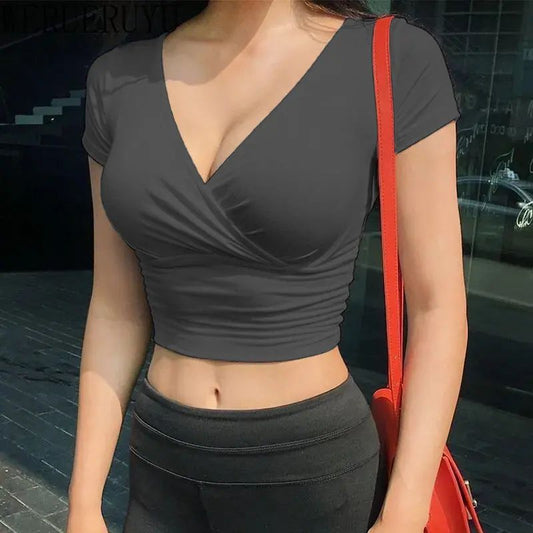 Y2K Black V-Neck Crop Top for Women – Sexy Summer Corset T-Shirt, Korean Streetwear