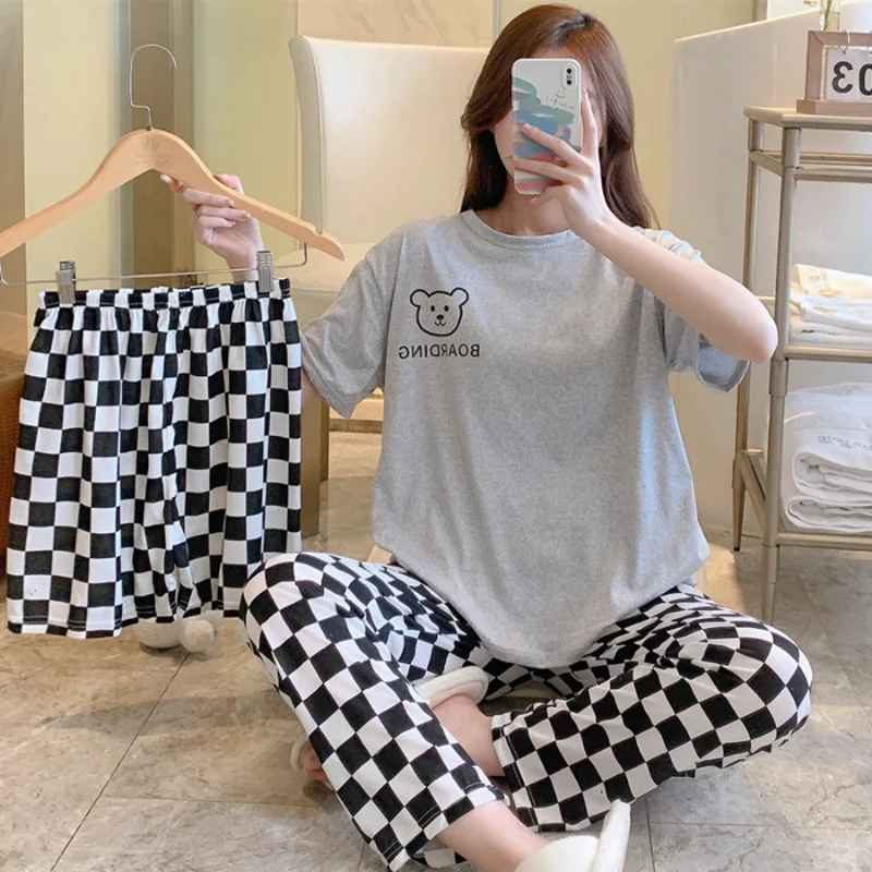 Women’s Summer 3-Piece Cartoon Pajama Set – Short Sleeve, Trousers & Cami