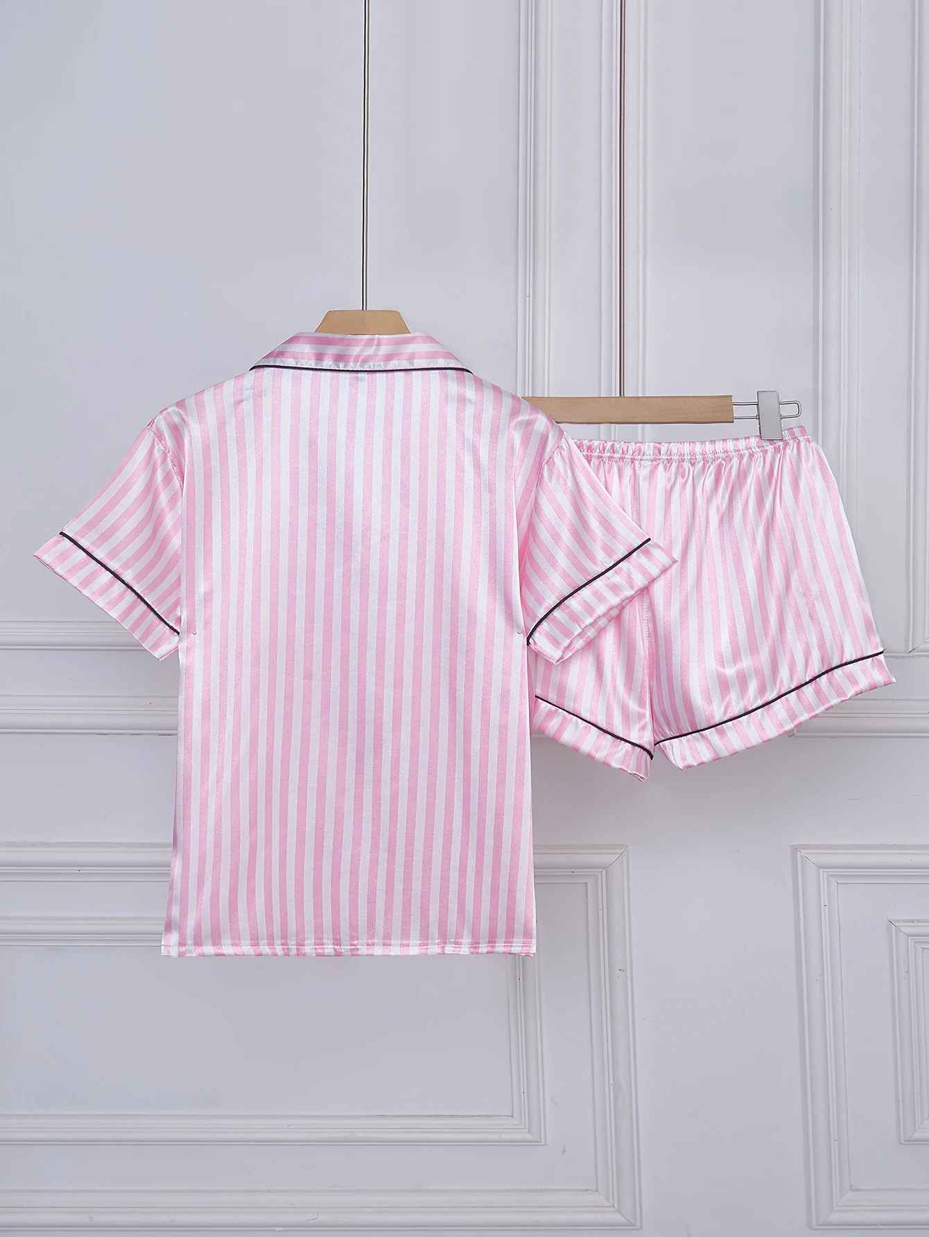 Striped Embroidered Letter Pocket Pajama Set – Satin Short Sleeve & Shorts