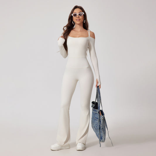 Off-Shoulder Long Sleeve Jumpsuit with Flared Pants