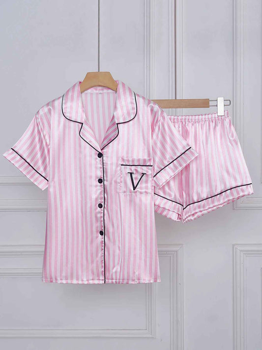 Striped Embroidered Letter Pocket Pajama Set – Satin Short Sleeve & Shorts