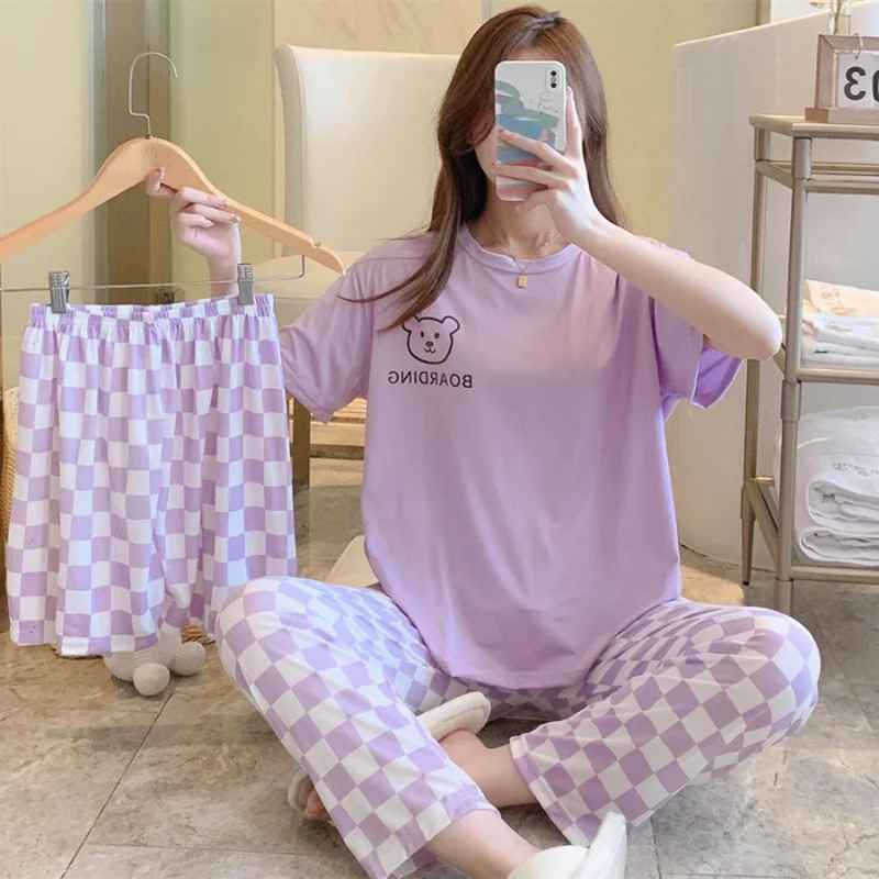Women’s Summer 3-Piece Cartoon Pajama Set – Short Sleeve, Trousers & Cami