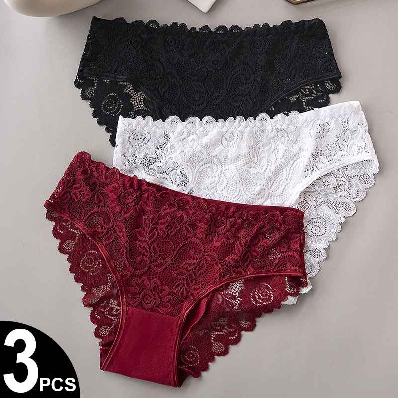 3PCS Lace Floral Embroidery Panties