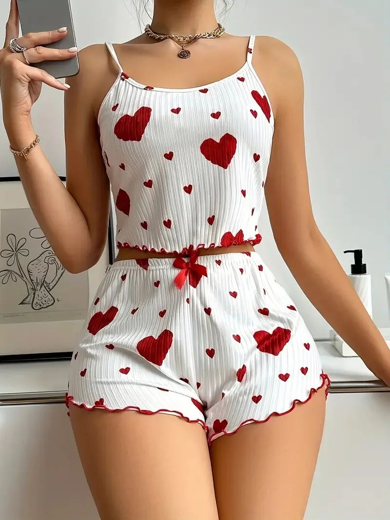 Cute Heart Print 2-Piece Pajama Set for Women
