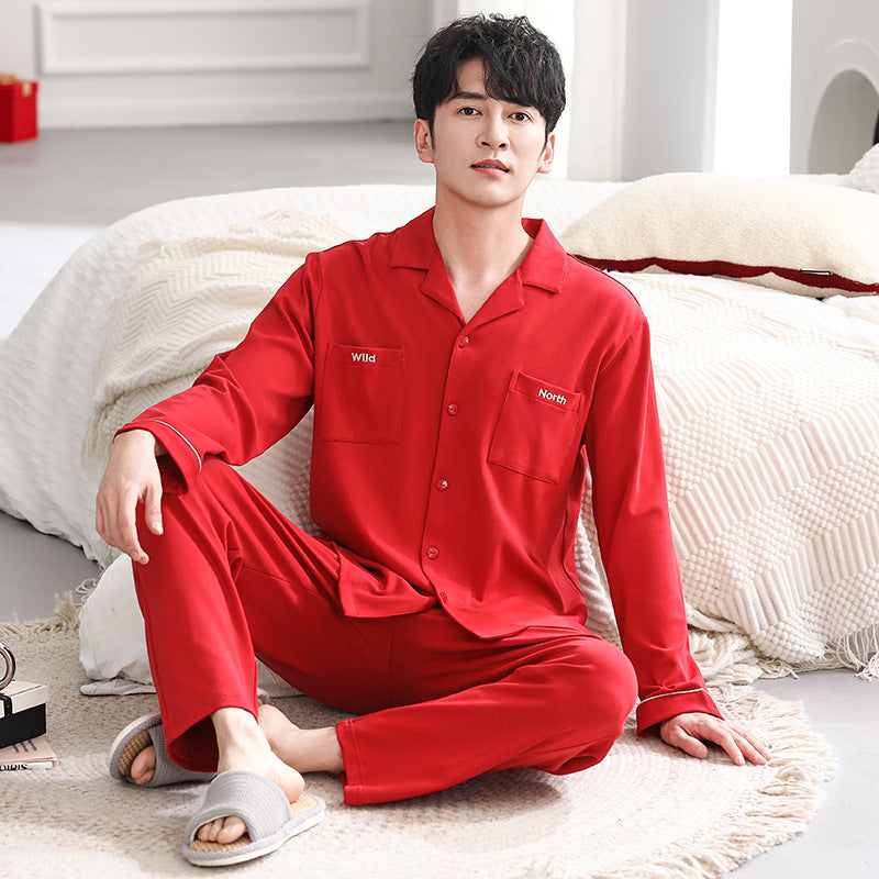 Cotton Couple Pajama Set with Lapel Collar