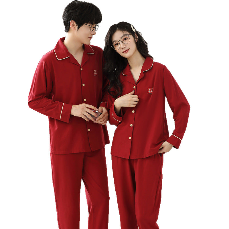 Cotton Couple Pajama Set with Lapel Collar