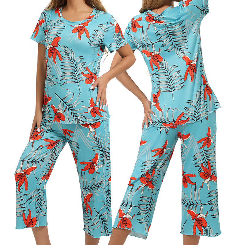 Printed Pajama Set Short Sleeve Cropped Pants