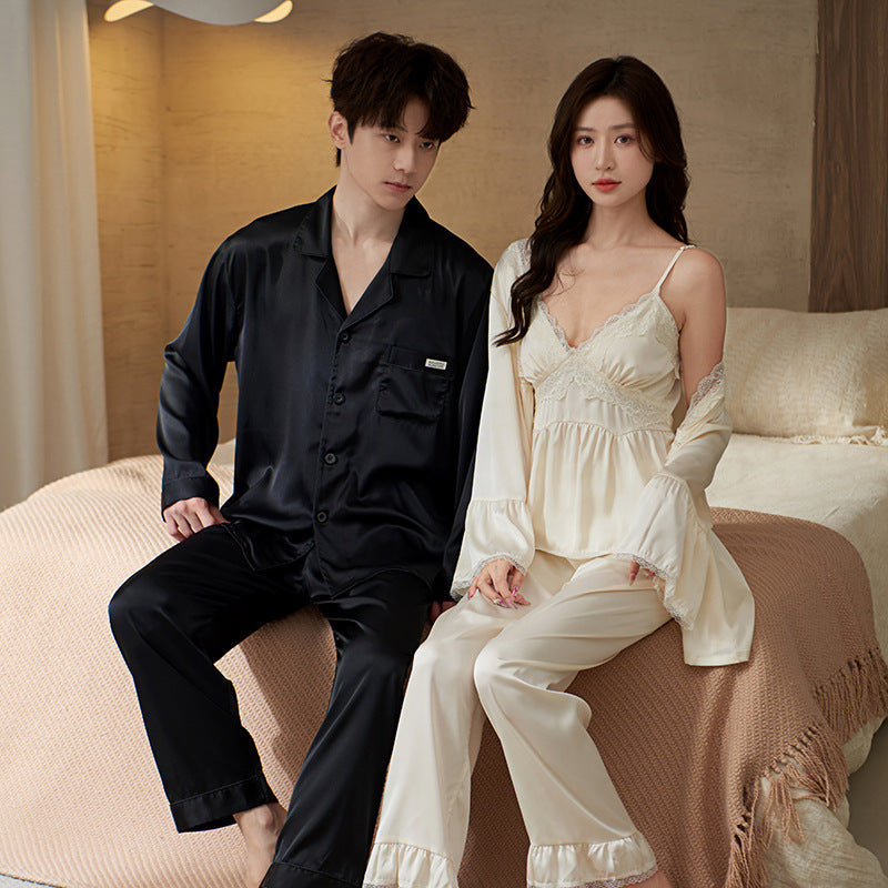 Couple's Ice Silk Pajama Set Long Sleeve Sleepwear