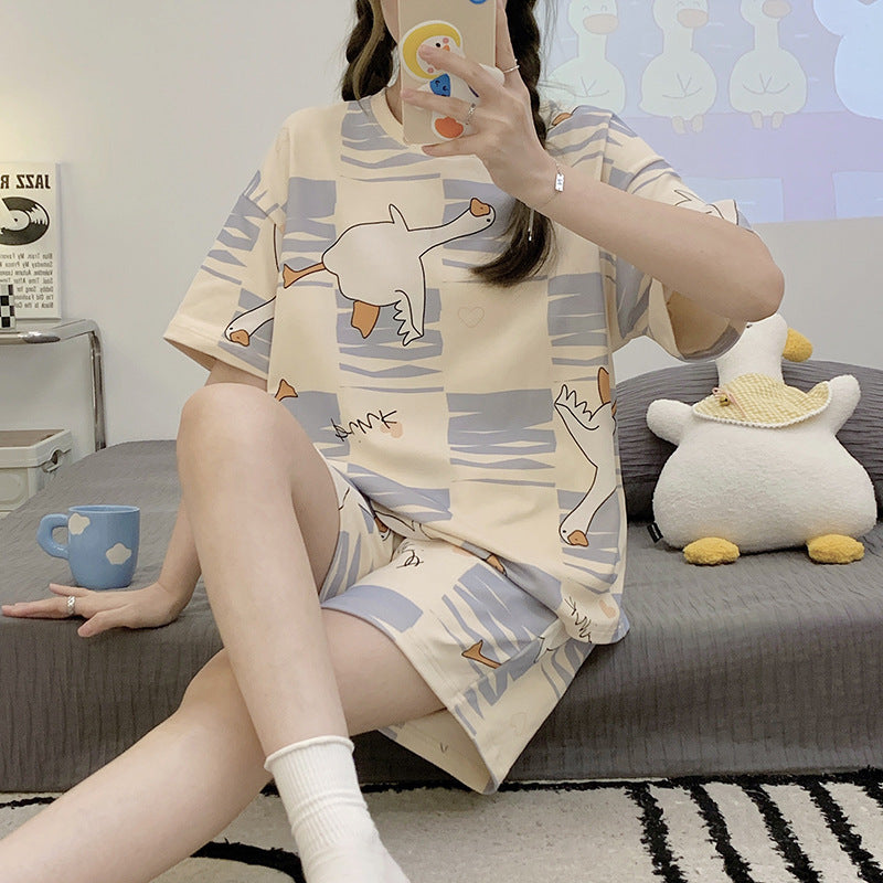 New Pajamas Women's Summer Short-sleeved Pullover Thin Cartoon Girl's Chest Pad Home Clothes Suit Women's Outwear