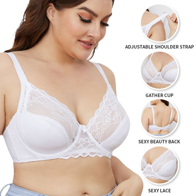 Lace Thin Cotton Cup Adjustable Bra Women's Steel Ring Big Chest Small Plus Size Underwear