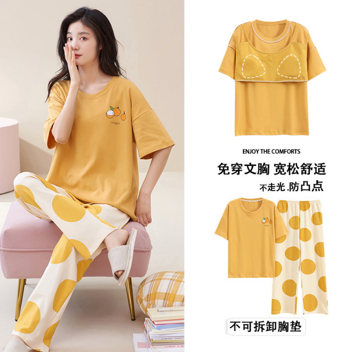 Pajamas Women's Summer Short-sleeved Trousers Sweet With Chest Pad Korean Style Cartoon Student Casual Loose Plus Size Suit
