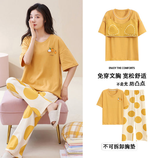 Pajamas Women's Summer Short-sleeved Trousers Sweet With Chest Pad Korean Style Cartoon Student Casual Loose Plus Size Suit