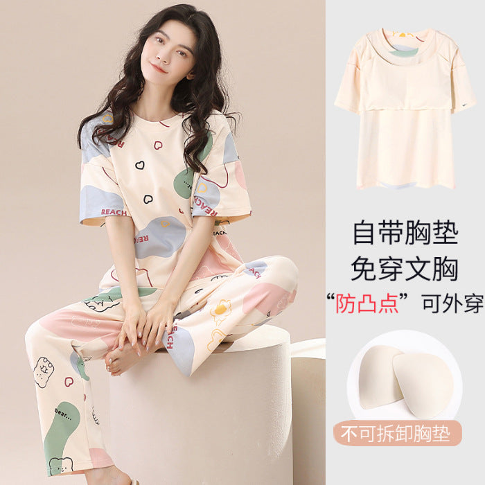 Pajamas Women's Summer Short-sleeved Trousers Sweet With Chest Pad Korean Style Cartoon Student Casual Loose Plus Size Suit