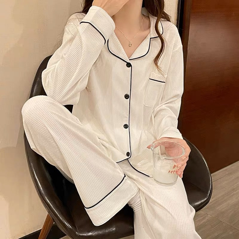 Imitation Cotton Solid Color Dye Spring And Autumn New Pajamas Women's Long Sleeve Black Cardigan Home Clothes Live Cross-border Foreign Trade