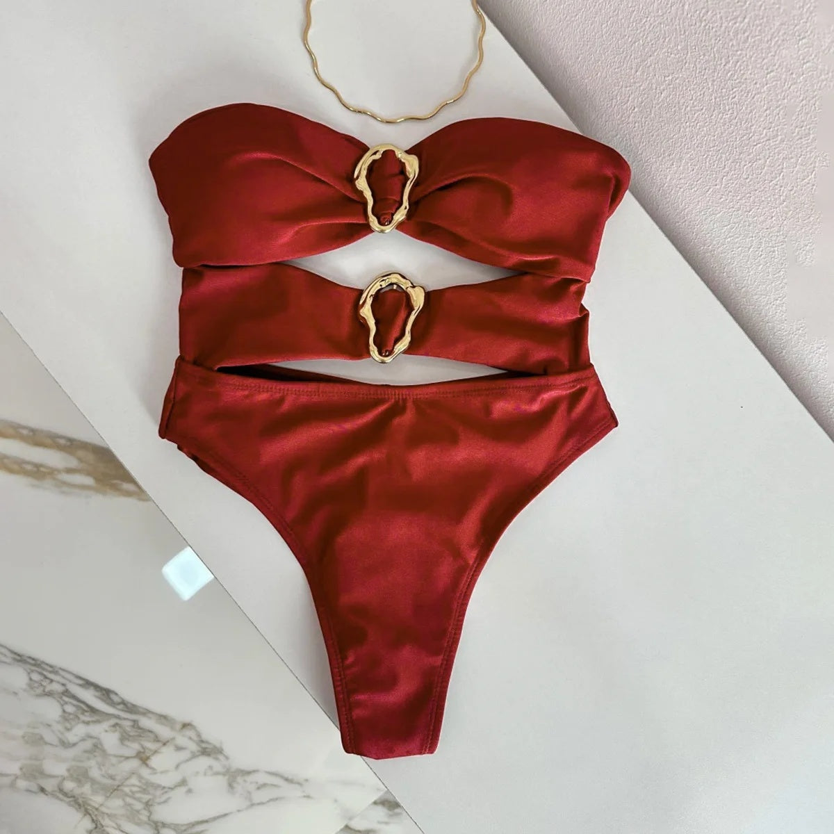 Women's Sexy One-Piece Swimsuit  Cut Out Bandeau with Metal Rings