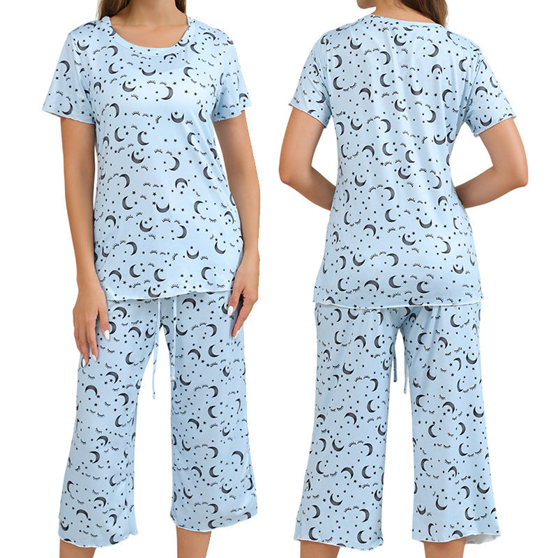Printed Pajama Set Short Sleeve Cropped Pants