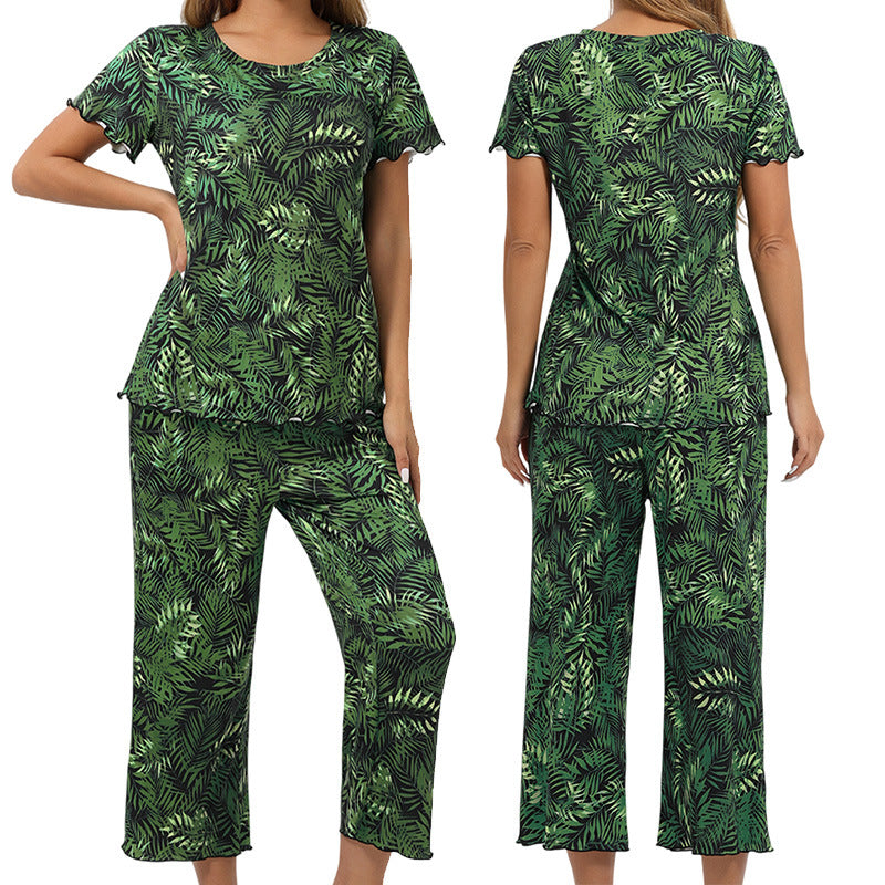 Printed Pajama Set Short Sleeve Cropped Pants