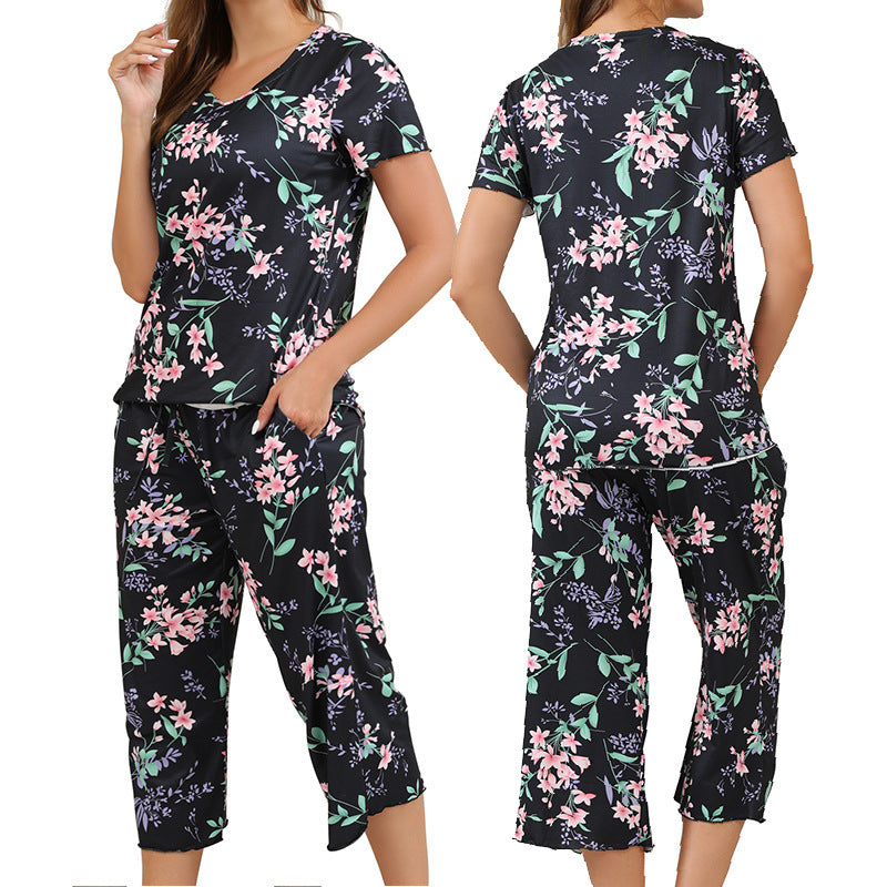 Printed Pajama Set Short Sleeve Cropped Pants