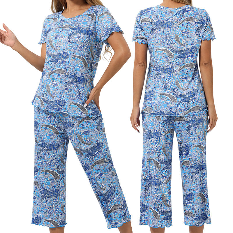 Printed Pajama Set Short Sleeve Cropped Pants