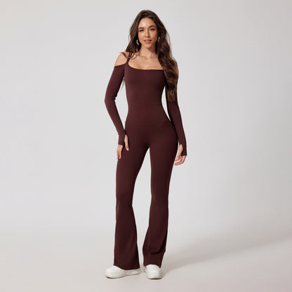 Off-Shoulder Long Sleeve Jumpsuit with Flared Pants