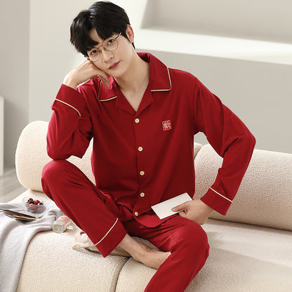 Cotton Couple Pajama Set with Lapel Collar