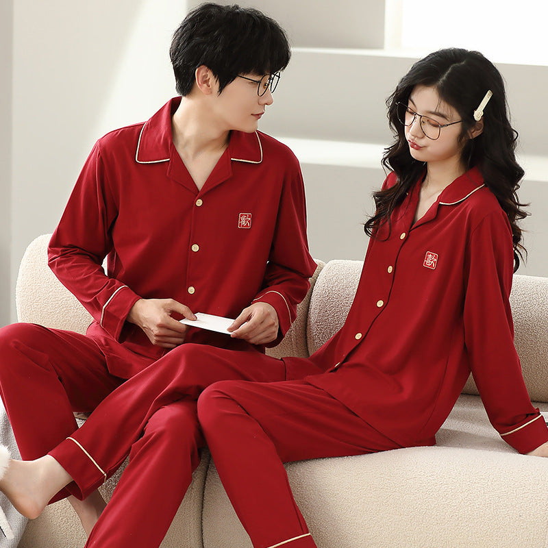 Cotton Couple Pajama Set with Lapel Collar