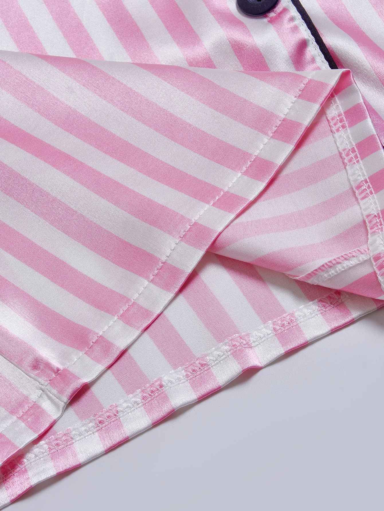 Striped Embroidered Letter Pocket Pajama Set – Satin Short Sleeve & Shorts