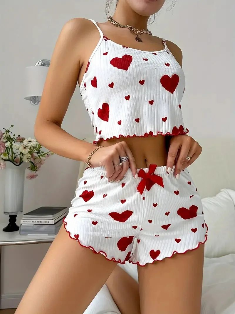 Cute Heart Print 2-Piece Pajama Set for Women