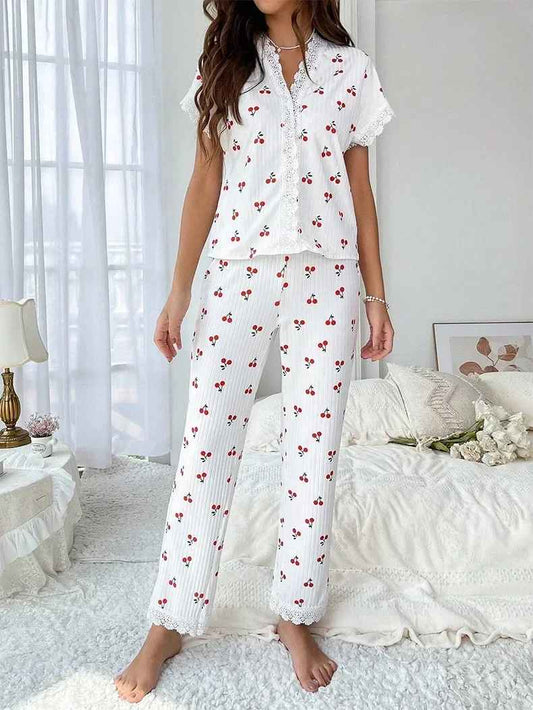Lace Trim Women’s Pajama Set – Cherry Print, 2-Piece Sleepwear