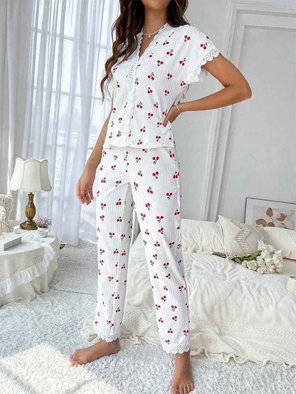 Lace Trim Women’s Pajama Set – Cherry Print, 2-Piece Sleepwear