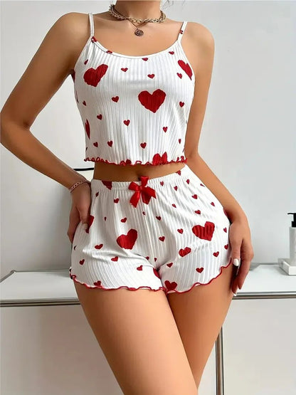 Cute Heart Print 2-Piece Pajama Set for Women