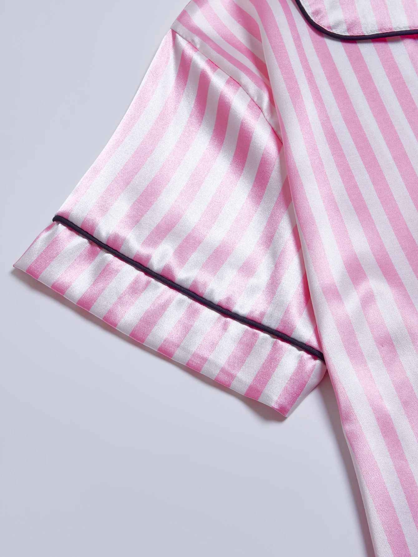 Striped Embroidered Letter Pocket Pajama Set – Satin Short Sleeve & Shorts