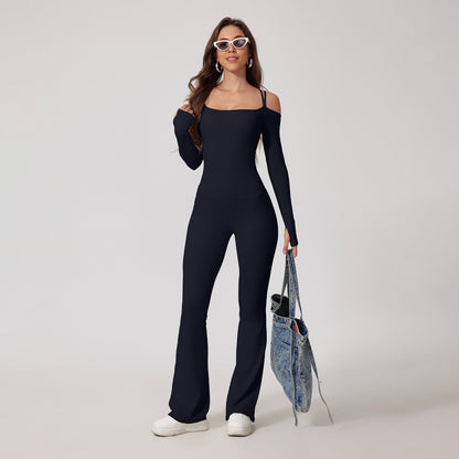 Off-Shoulder Long Sleeve Jumpsuit with Flared Pants