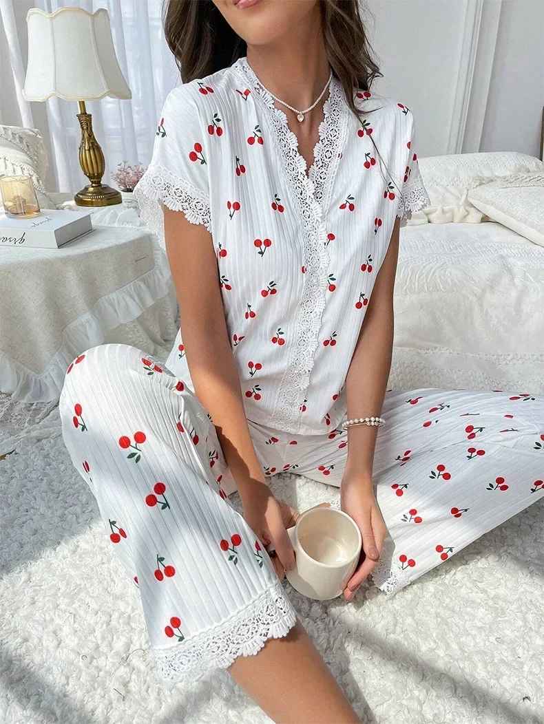 Lace Trim Women’s Pajama Set – Cherry Print, 2-Piece Sleepwear