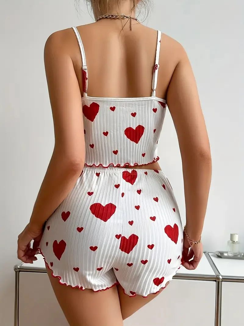 Cute Heart Print 2-Piece Pajama Set for Women