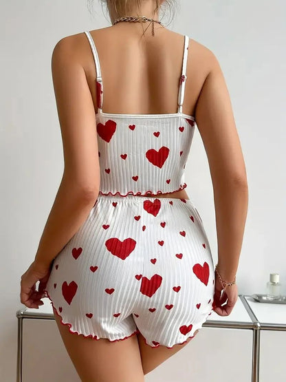 Cute Heart Print 2-Piece Pajama Set for Women