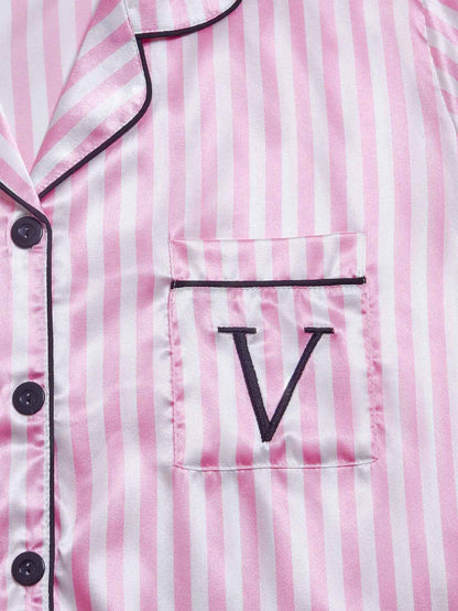 Striped Embroidered Letter Pocket Pajama Set – Satin Short Sleeve & Shorts