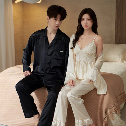 Couple's Ice Silk Pajama Set Long Sleeve Sleepwear
