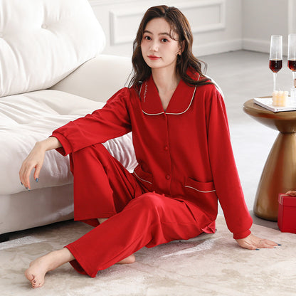 Cotton Couple Pajama Set with Lapel Collar