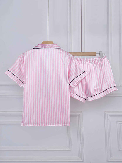Striped Embroidered Letter Pocket Pajama Set – Satin Short Sleeve & Shorts