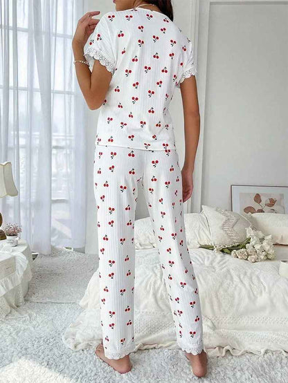 Lace Trim Women’s Pajama Set – Cherry Print, 2-Piece Sleepwear
