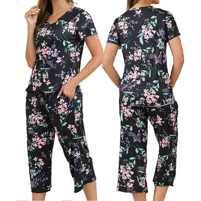 Printed Pajama Set Short Sleeve Cropped Pants