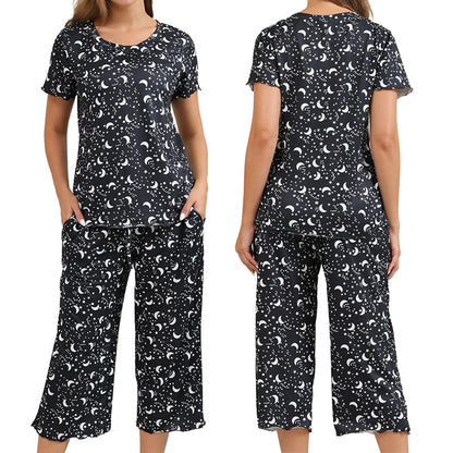 Printed Pajama Set Short Sleeve Cropped Pants