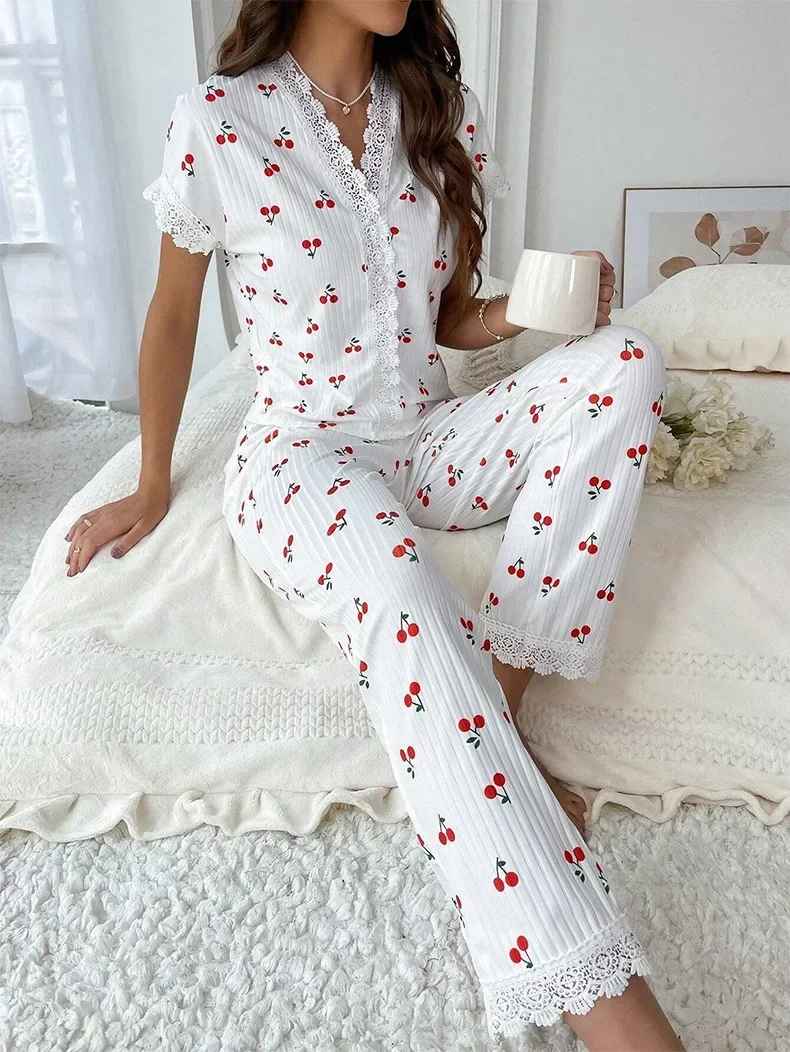 Lace Trim Women’s Pajama Set – Cherry Print, 2-Piece Sleepwear
